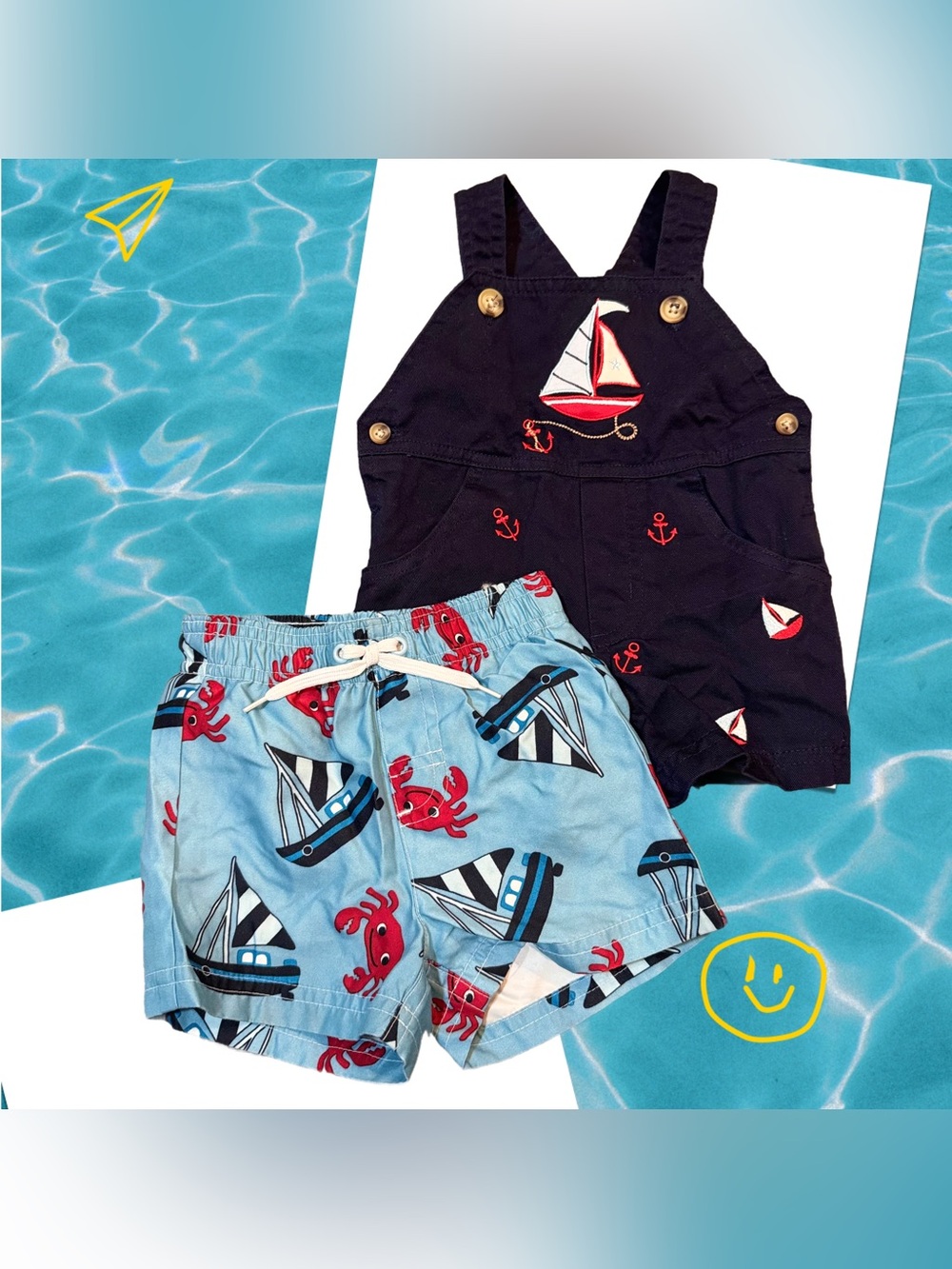 Baby Boy Nautical Sailboat Shortall & Gymboree Swim Trunks Set 3-6M